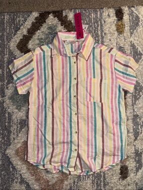Times Two Maternity Pastel Multi-Striped Short Sleeve Button-Down Shirt